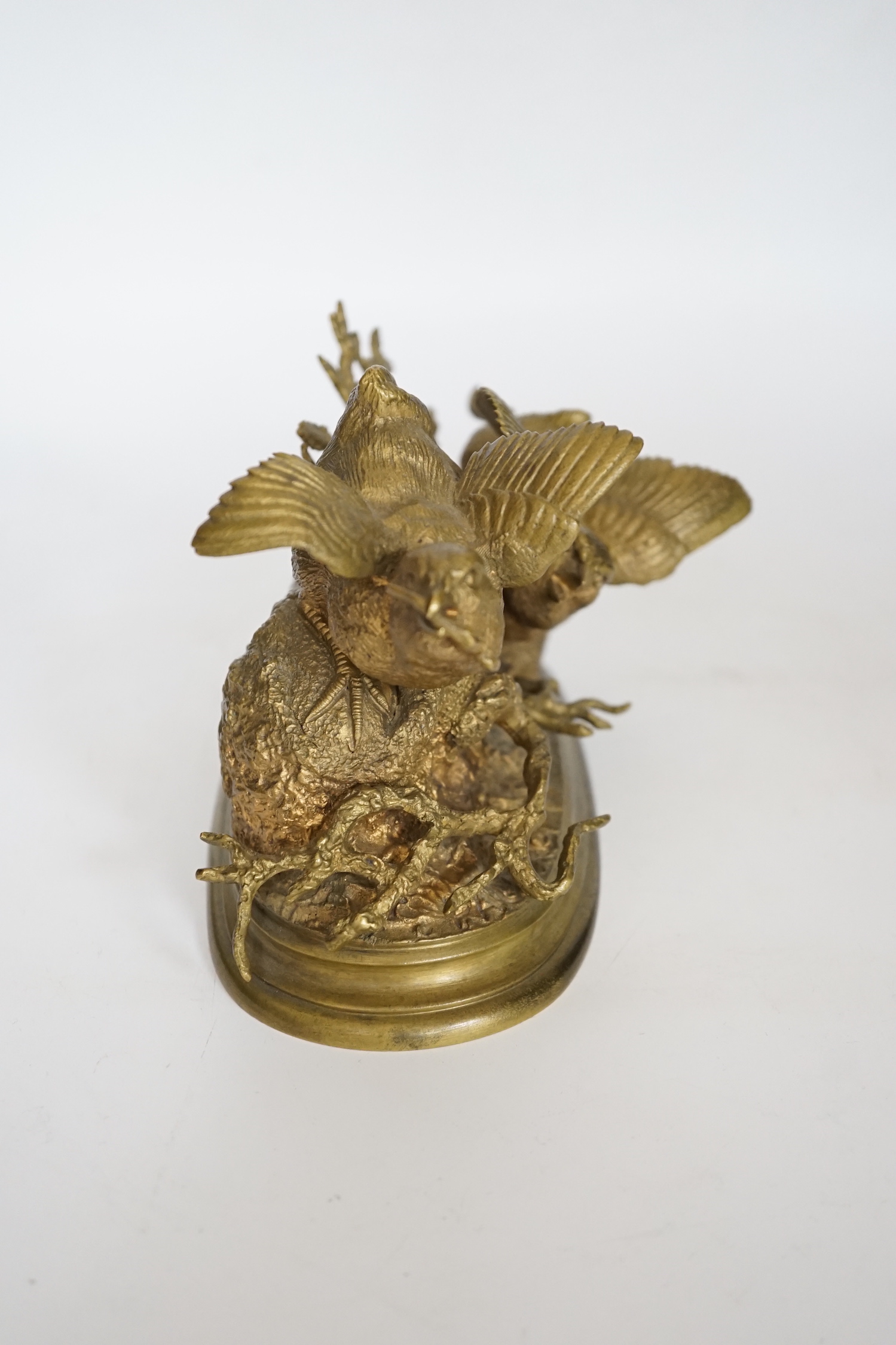 Ferdinand Pautrot (1832 - 1874), a French gilt bronze group of two birds, signed and inscribed Beaux Arts, 19cm wide